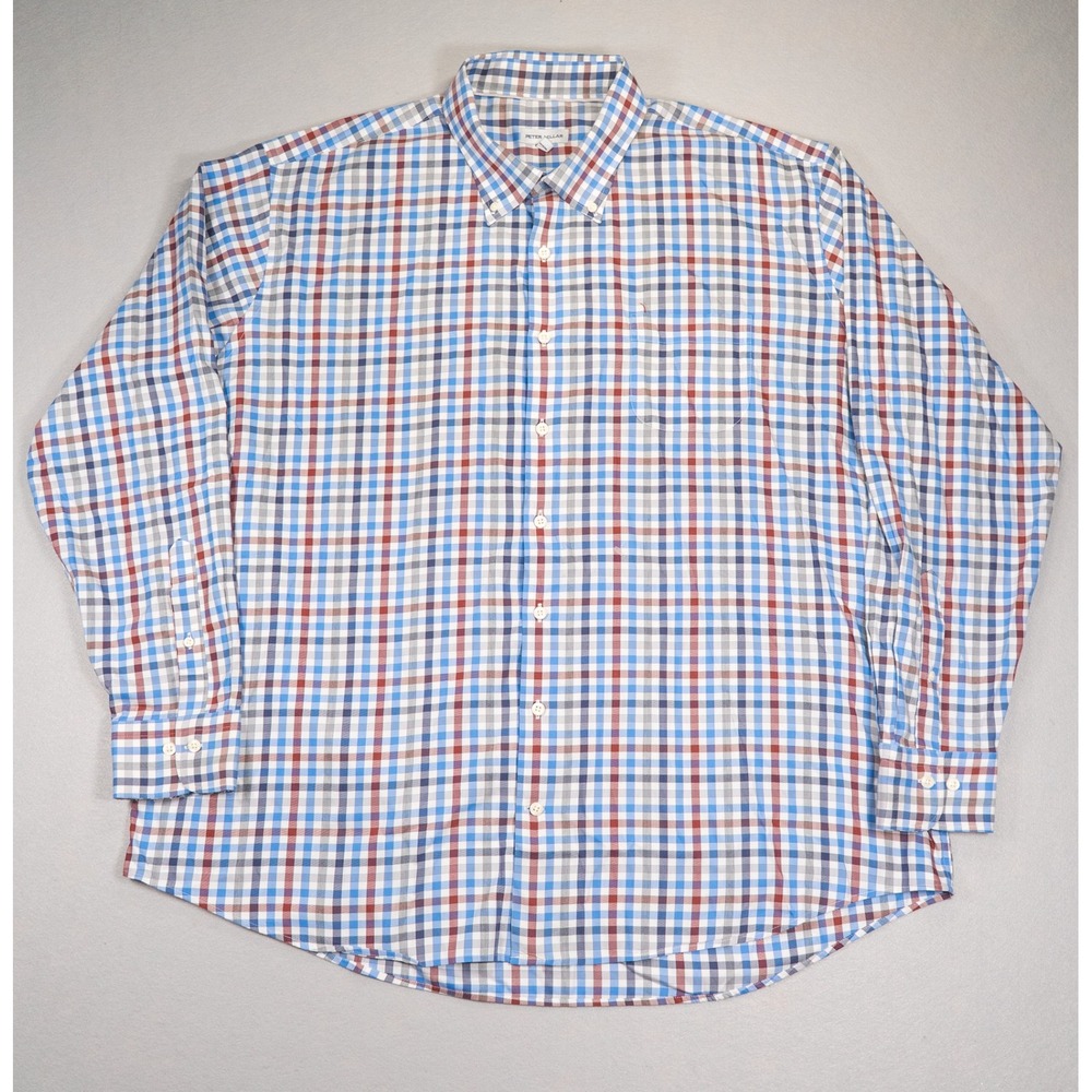 Peter Millar Mens XXL Plaid Button Down Shirt Blue Red Check Performance‎ Cotton